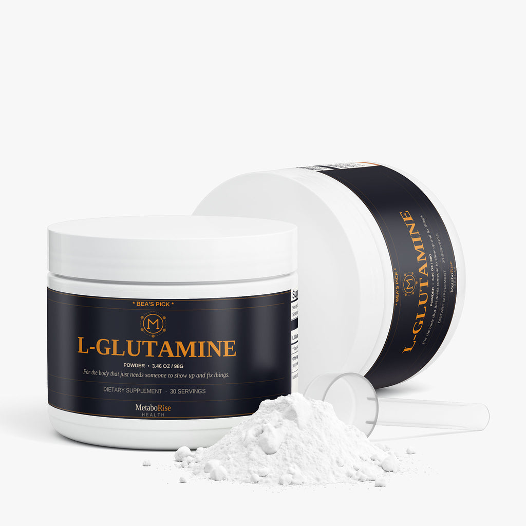 L-Glutamine powder with container and scoop on a white background