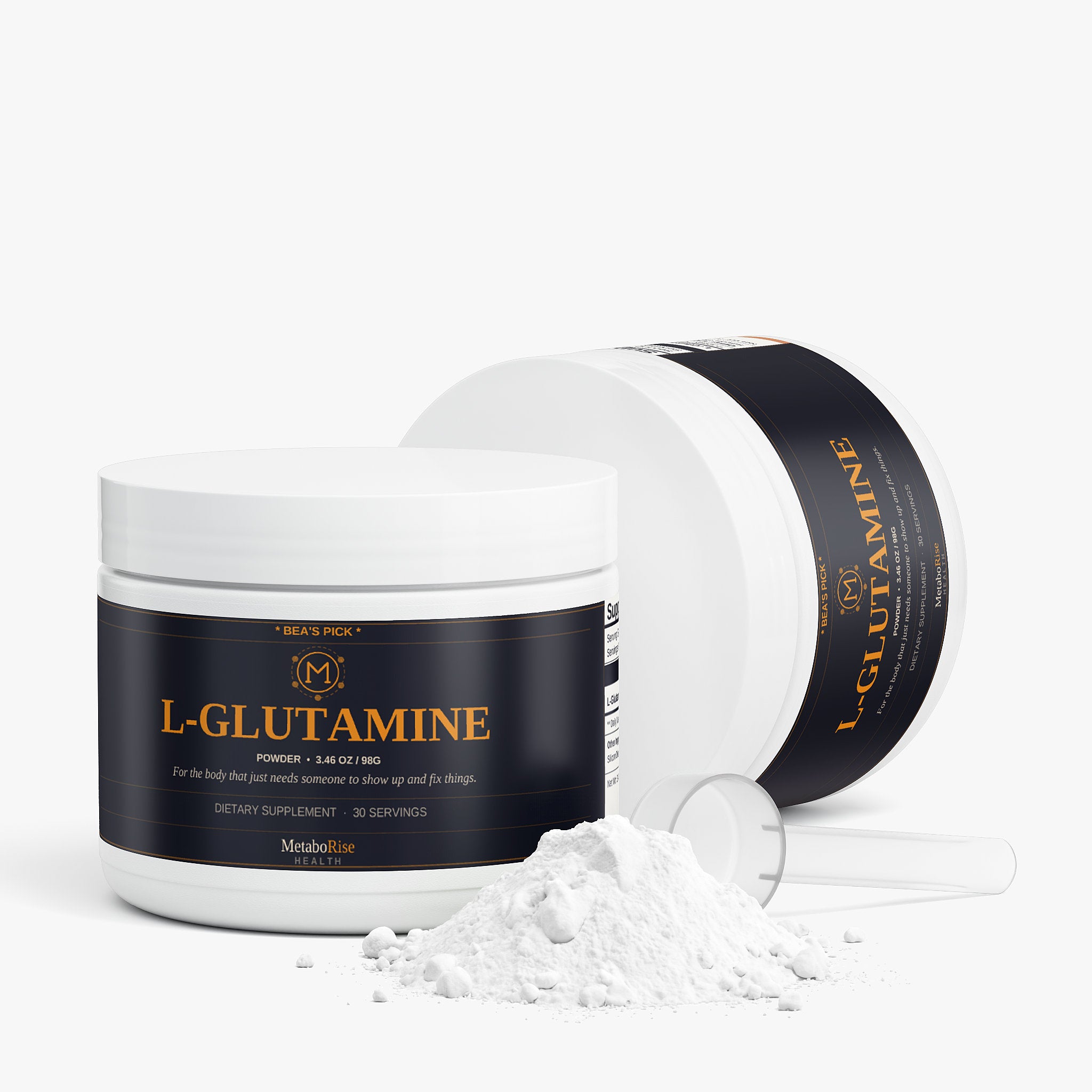 L-Glutamine powder with container and scoop on a white background