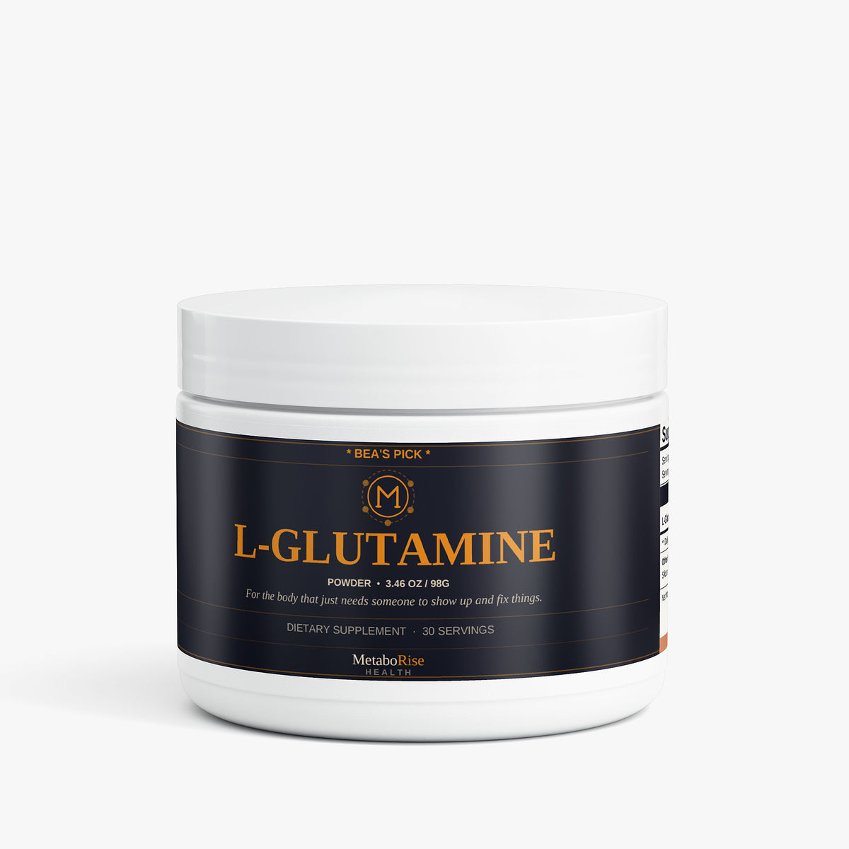 L-Glutamine powder container with black label on a white background