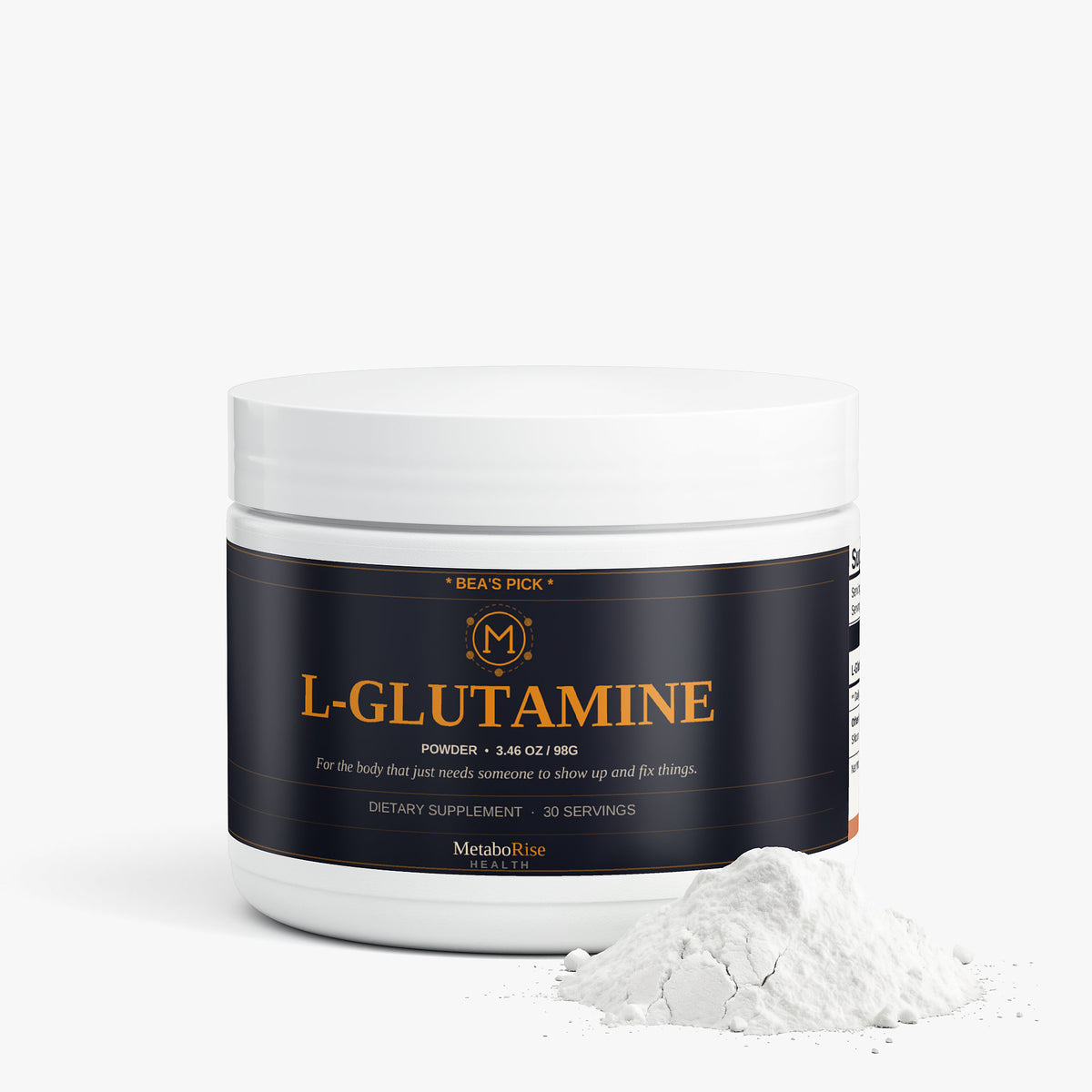 L-Glutamine powder container with white lid and black label on a white background