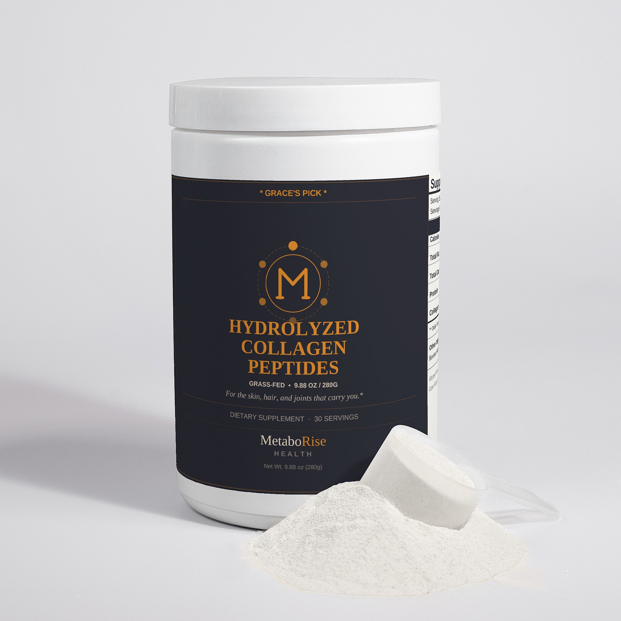 Container of MetaboRise Health Hydrolyzed Collagen Peptides on a white background