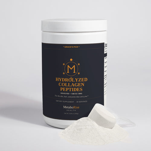 Container of MetaboRise Health Hydrolyzed Collagen Peptides on a white background