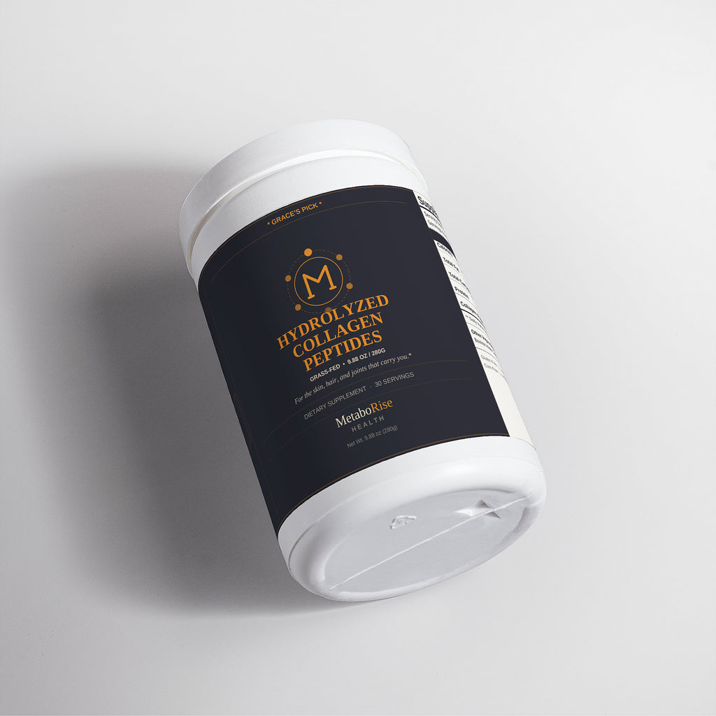 Container of MeaMotive hydrolyzed collagen peptides on a gray background