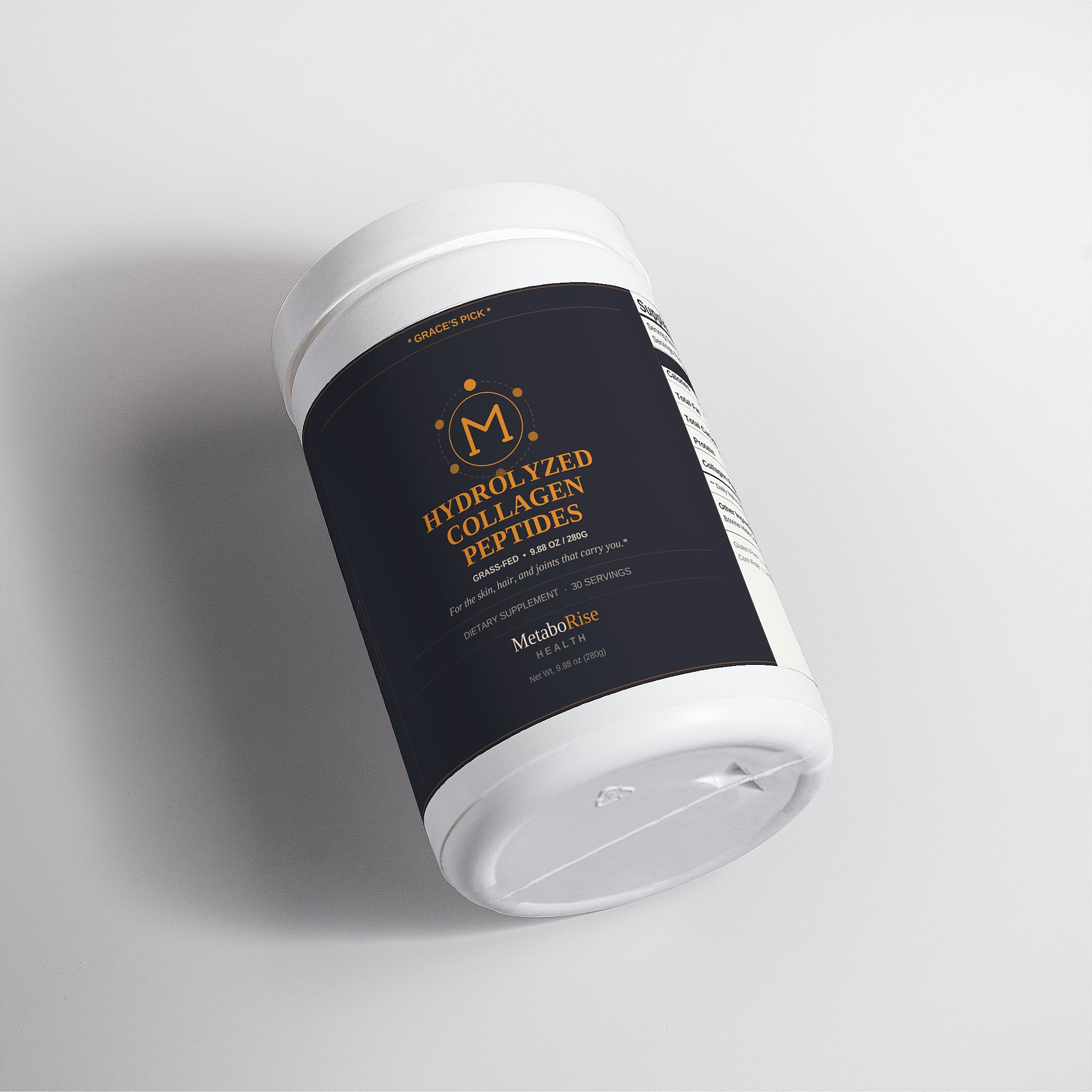 Container of MeaMotive hydrolyzed collagen peptides on a gray background