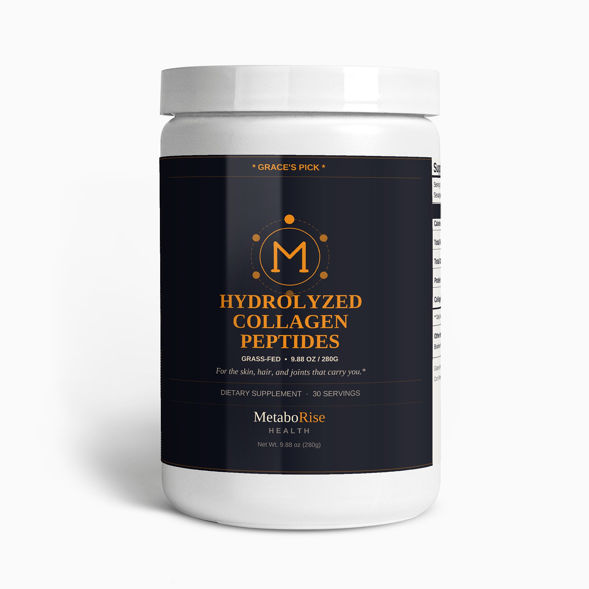 Container of hydrolyzed collagen peptides with branding on a white background