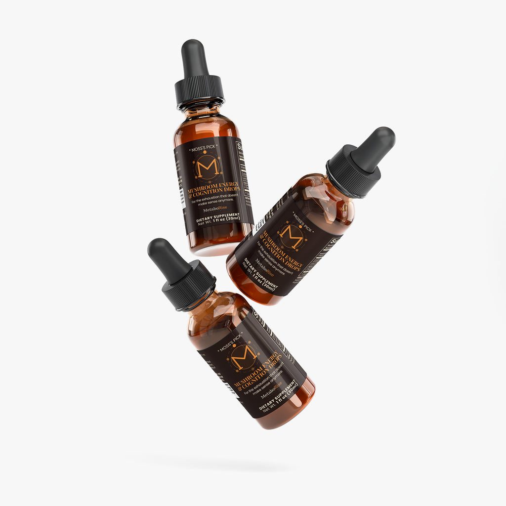 Multiple Mushroom Energy and Cognition Drops bottles Lion's Mane supplement
