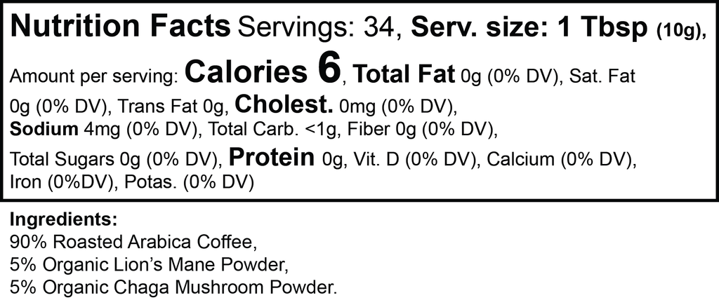 Vitality Mushroom Coffee ingredients Lion's Mane Chaga mushroom coffee nutrition information