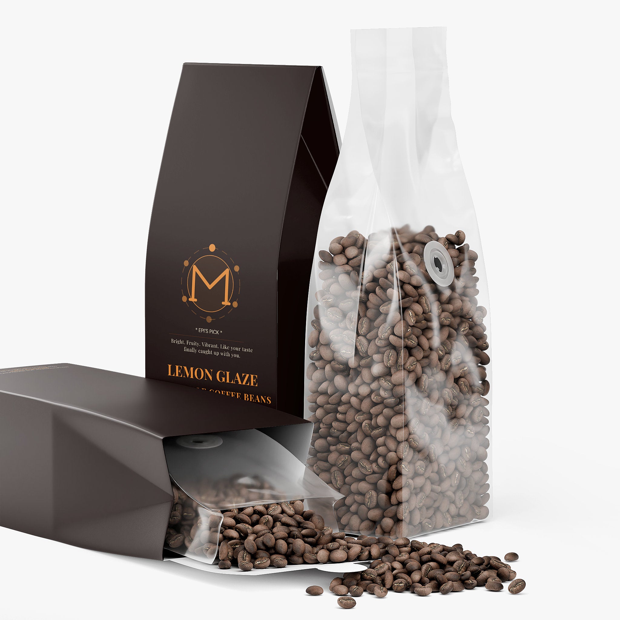 Side view Vitality Mushroom Coffee packaging medium roast mushroom coffee beans spilling MetaboRise Health