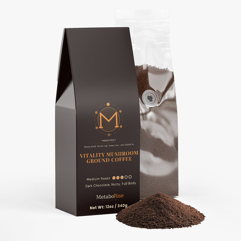 Vitality Mushroom Coffee packaging with coffee grounds Lion's Mane and Chaga medium roast coffee